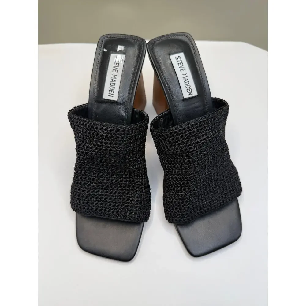 Steve Madden Realize Black Slide Sandal with Block Heel Sz 9